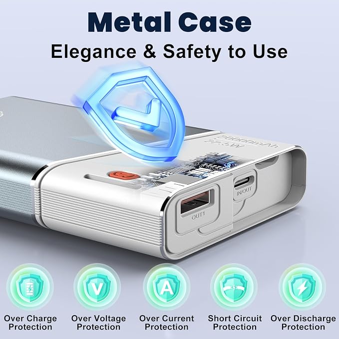 Aaoyun Portable Charger Power Bank, 20000mAh 22.5W PD Fast Charging Powerbank with Built-in USB C Cable, External Phone Battery Pack for iPhone 17/16/15 Samsung S24 Android etc - Image 5
