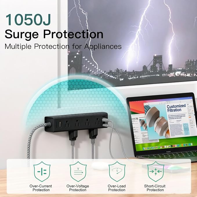 20FT Long Extension Cord, Power Strip with 12 AC Outlets & 4 USB Ports | Flat Plug Wall Mount, 1050J Surge Protector, Outlet Extender for Home Office Garage Workshop Gaming Desk Setup, ETL Listed - Image 6
