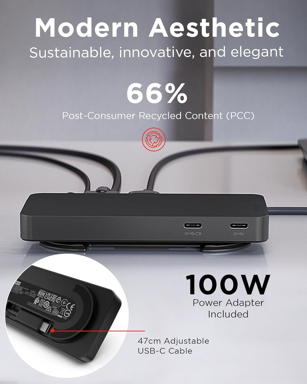 Lenovo USB-C Dual Display Travel Dock w/ 100W Power Adapter - 7 Ports, Integrated USB-C Cable, Universal Compatibility, Dual Displays at 4K - Black - Image 3