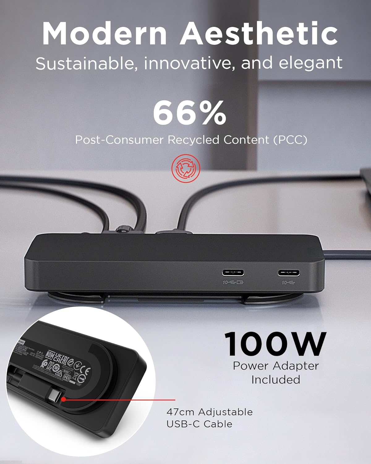 Lenovo USB-C Dual Display Travel Dock w/ 100W Power Adapter - 7 Ports, Integrated USB-C Cable, Universal Compatibility, Dual Displays at 4K - Black - Image 3