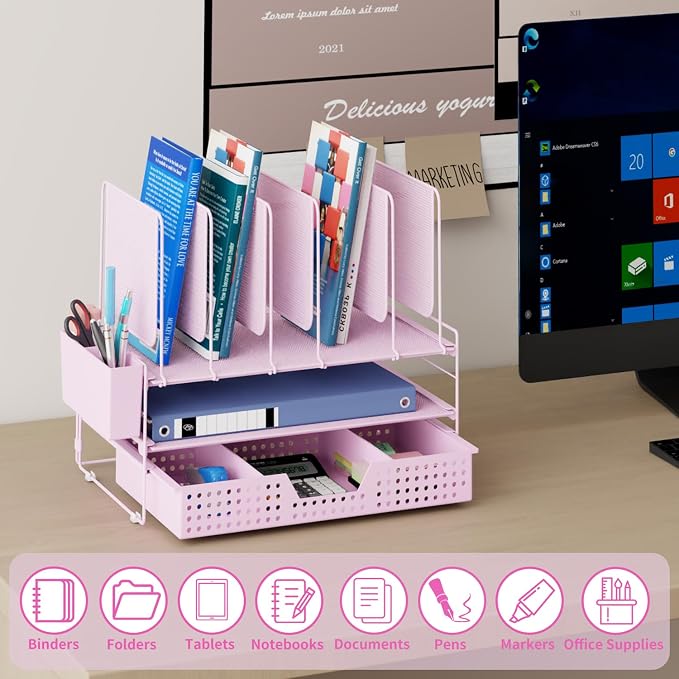 LEKETREE Pink Desk Organizer, Office Organization with Vertical File Holder, File Organizer with Drawer and Pen Holder, Desk Accessories and Workspace Organizers for Home Office (Pink) - Image 2