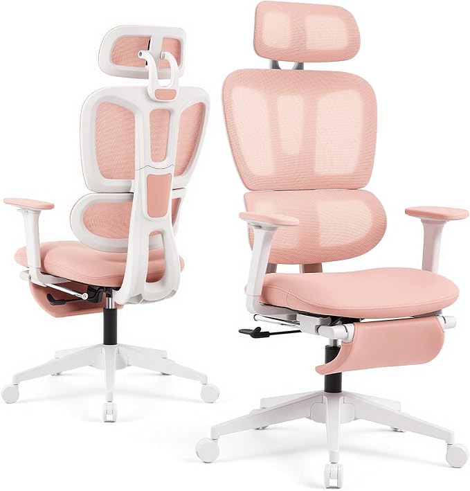 Ergonomic Office Chair with Footrest and Dynamic Lumbar Support, Pink | Reclining high-back computer chair, memory foam seat, 2D armrests, 2D headrest, mesh desk chair for home office, long hours by GleeMatrix