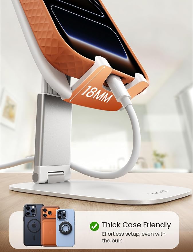 Lamicall Ultra-Thin Cell Phone Stand, Foldable Cellphone Holder for Desk | White Sturdy Desktop Cell Phone Holder for iPhone 17/16/15/14/13/12 Pro Max, Thick Case Friendly, Gifts for Men Dad Husband - Image 3