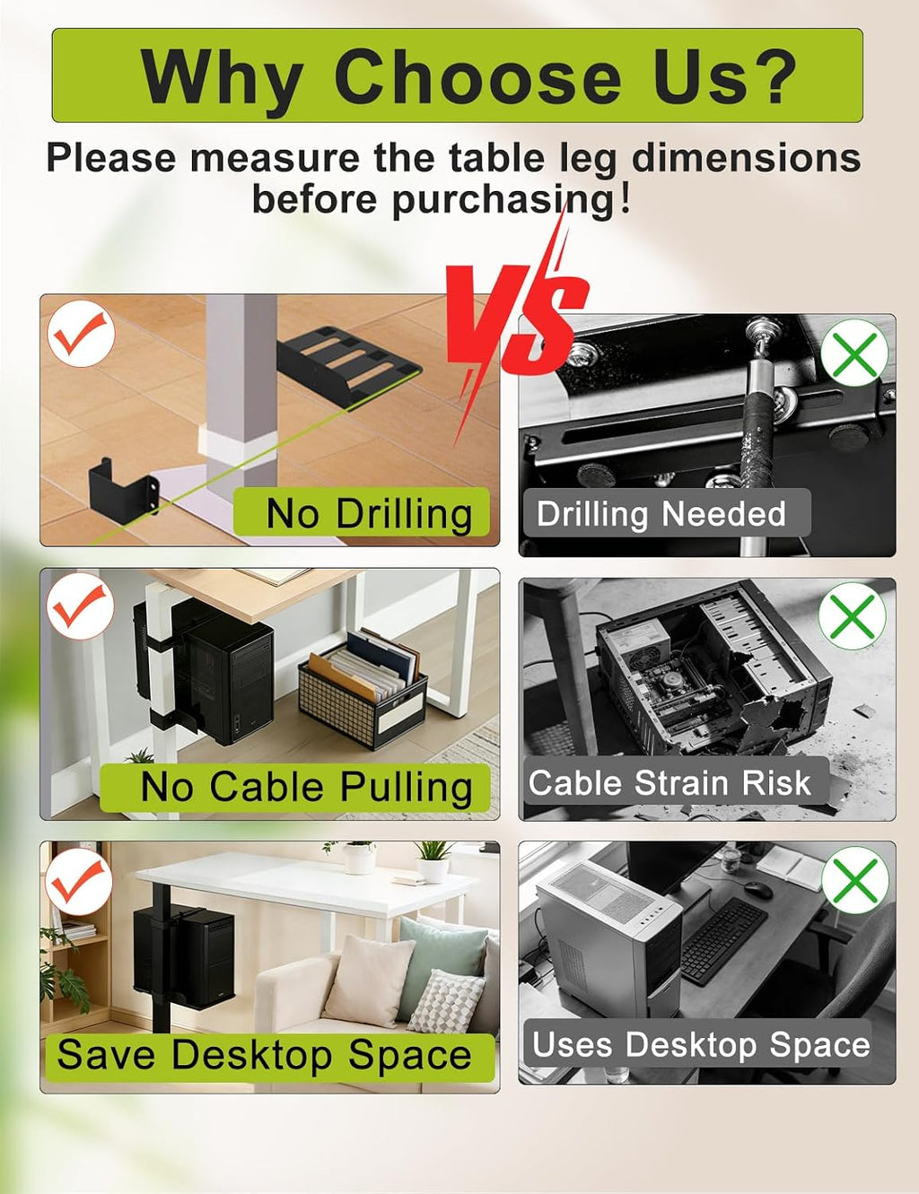 No-Drill Under Desk PC Mount, Adjustable CPU Holder for Standing Desk, Compatible Only with 65mm × 45mm Desk Legs, Supports up to 50 lbs, Includes Non-Slip Pads - Image 2