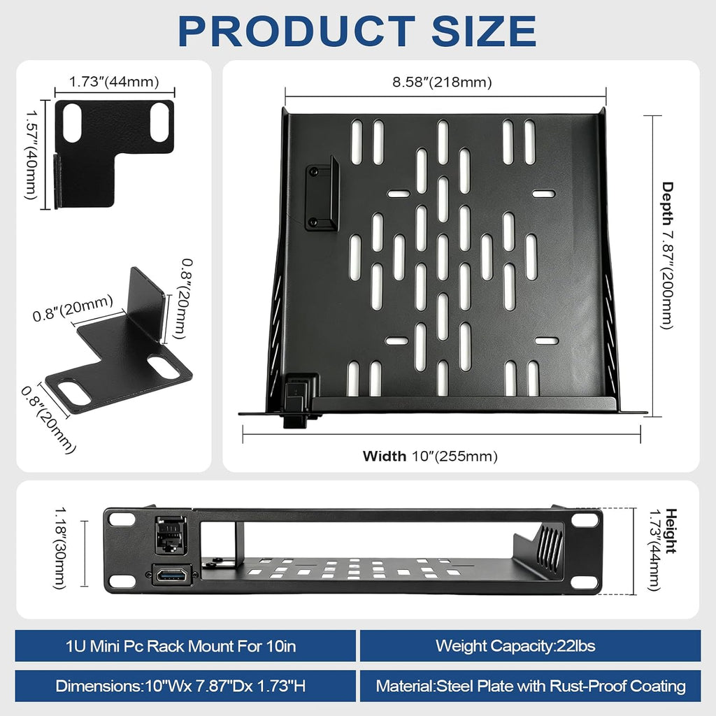 2-Pack 10inch 1U Mini PC Rack Mount Shelf Compatible with Dell Micro OptiPlex MFF Lenovo ThinkCentre HP Desktop Mini with RJ45 CAT6 Port & HDMI Port - Image 2