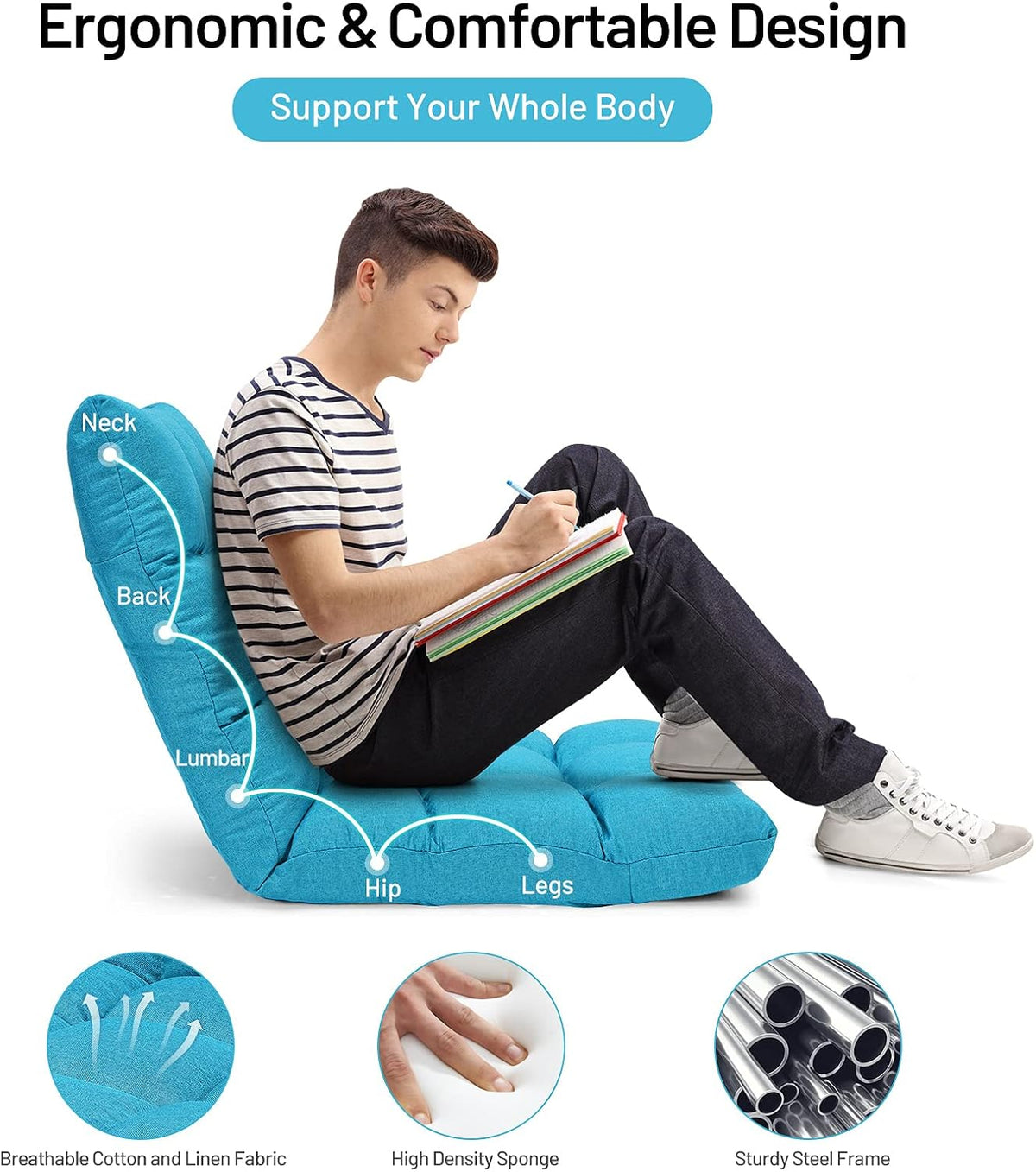Giantex Floor Sofa Chair Video Gaming Chair with 14 Adjustable Position, Padded Back Support Floor Cushioned Seat, Folding Lazy Chair for Meditation, Reading, Watching, Living Room Recliner(Turquoise) - Image 5