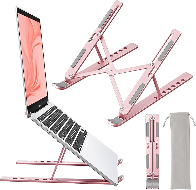 Laptop Stand for Desk, Aluminum Metal MacBook Stand，Computer Riser for Desk, Portable Foldable Adjustable Notebook Holder, Compatible with 10-15.6 Inch Laptops, iPad, Rose Gold. by Unknown