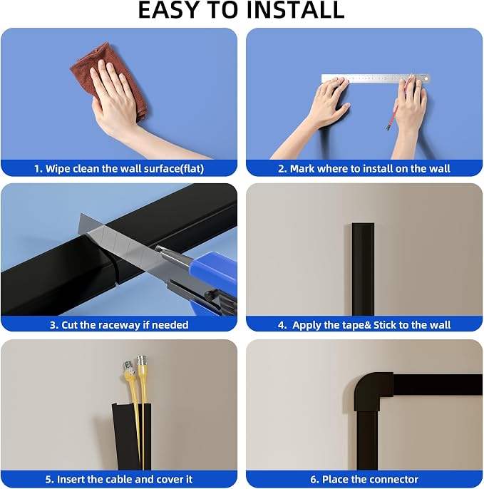 Delamu 142in Black Cord Hider Cable Hider, Cord Covers for 2-3 Wires on Wall, Premium Wire Hiders Wire Covers for Cords on Wall, Easier Setup TV Cable Cover Management Kit, W0.94 H0.47in, Black - Image 9