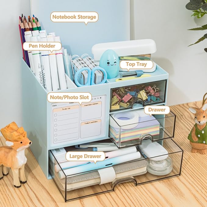 QIYVLOS Desk Organizer with 3 Drawer, Multi-Functional Pencil Pen Holder for Desk, Desk Organizers and Storage with 8 Compartments, Desktop Organizer for Office Home Art Supplies (Blue) - Image 2