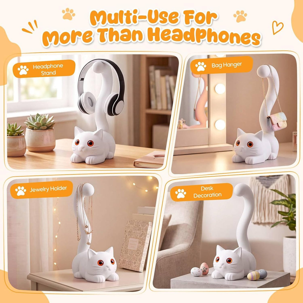 Yalikop 3D Printed Cat Headphone Stand Desktop Headset Holder 9.84''H,White - Image 4