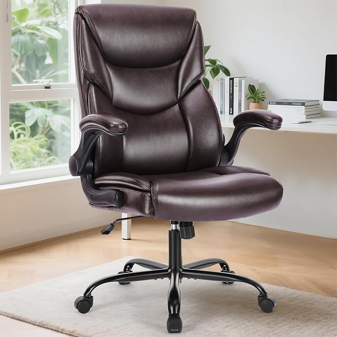 Sweetcrispy Heavy Duty Office Chair, Gaming Desk Chair 2 Pack | Flip-Up Arms, Adjustable Height, PU Leather Swivel Rolling Wheels, Dark Brown - Image 2