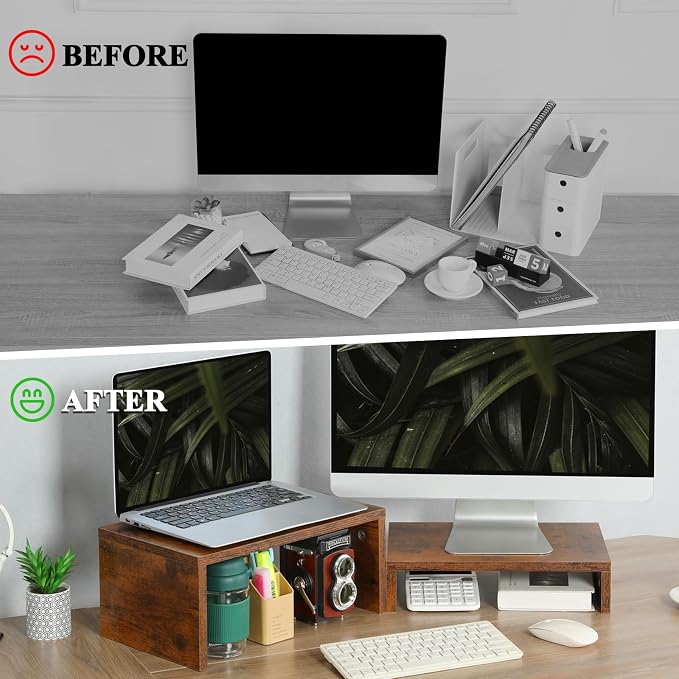 TEAMIX 2-Pack Monitor & Laptop Stand Riser, Wood High-Low Dual Monitor Set | Stacked/Separate Use, Adjustable Computer Stand for 2 Monitors, Holds 80Lbs, Rustic Desk Organizer for Home Office, Gaming - Image 7