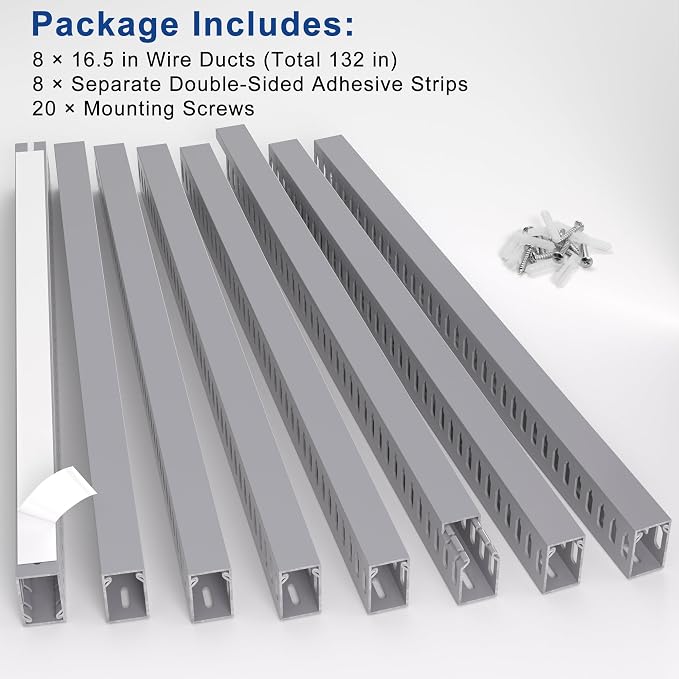 1.6" H x 1" W Cable Raceway, 132in Under Desk Wire Management Channel, Grey | Slotted Wire Duct, 8Pack, 16.5in Each, Heavy-Duty PVC Cable Management for Server Racks, Network Cables & Electrical Cabinets - Image 3
