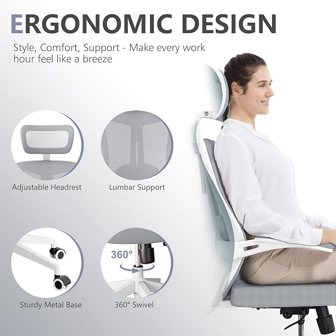 Office Chair (07Grey, Chair) | 360° Swivel Adjustable Lumbar Support & Flip-Up Armrests capacity 300 lbs capacity - Image 3