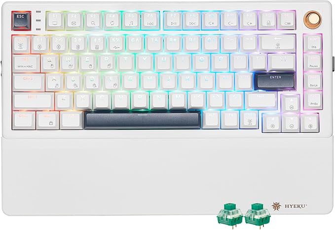 Wireless Mechanical Keyboard with Wrist Rest, Hot Swappable Custom Keyboard with Knob, RGB Backlit, Pre-lubed Clicky Switches, 2.4GHz/USB-C/BT5.0 Mechanical Gaming Keyboards for Win/Mac (White) by HEXGEARS