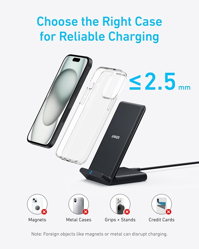 Anker 313 Qi-Certified 10W Max Wireless Charger Stand | Fast Power for iPhone 15 / 14 / 13 / 12 / 11 / X, Galaxy S23 / S22, and More (2-Pack, Micro-USB Cable, Adapter Not Included) - Image 6