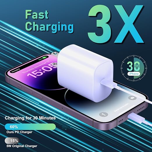 DiHines Phone 14 13 12 11 Fast Charger,10FT Long Fast Charging Lightning Cable with 20W USB C Charger Block for Phone 14/14 Pro Max/13/13 Pro Max/12/12 Pro Max/11/11Pro/XS/Max/XR/X,Purple - Image 2