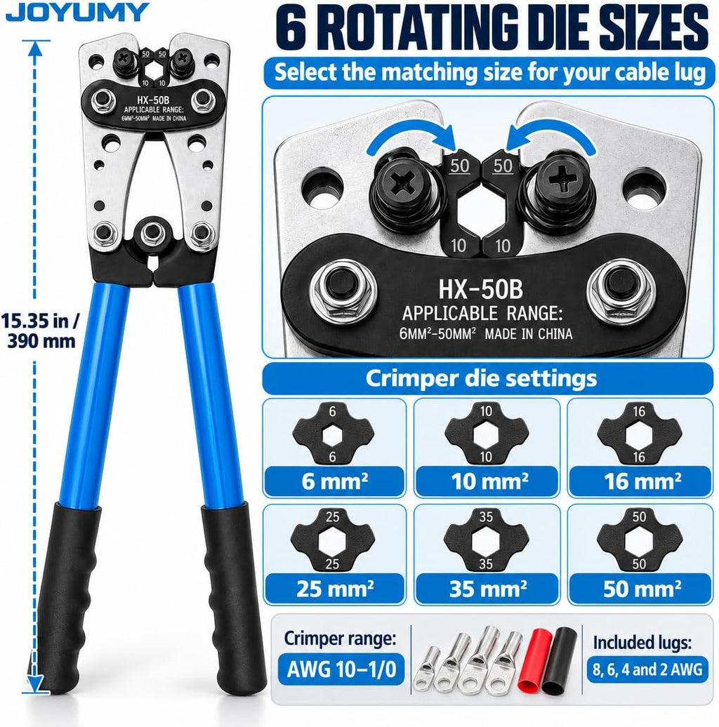 Battery Cable Lug Crimping Tool Kit, AWG 10-1/0 Gauge Wire Crimper, Battery Cable Crimper Tool with Cable Cutter, 64pcs Copper Wire Lugs, 70pcs Heat Shrink Tubes - Image 7