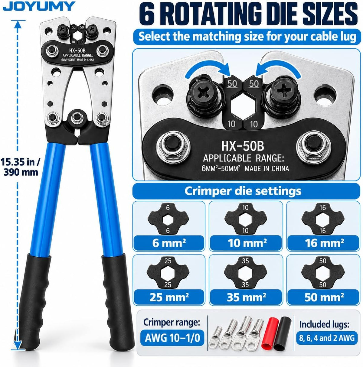Battery Cable Lug Crimping Tool Kit, AWG 10-1/0 Gauge Wire Crimper, Battery Cable Crimper Tool with Cable Cutter, 64pcs Copper Wire Lugs, 70pcs Heat Shrink Tubes - Image 7