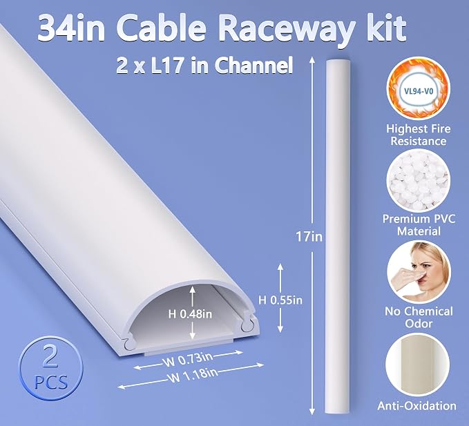 ZhiYo 34in Cord Hider for 2-3 Wall-Mounted TV Wires, 1.2"W x 0.55"H, White | Split-Hinge Design for Easy Installation, Half-Round Glazed Finish Ideal for Wall/Baseboard, Self-Adhesive, 2 Pack (17" Each) - Image 5