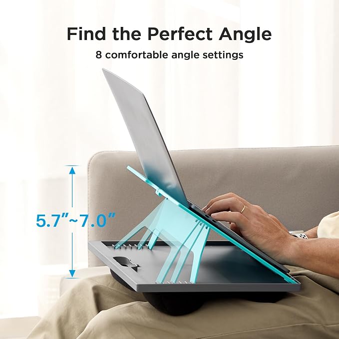HUANUO Adjustable Lap Desk - with 8 Adjustable Angles & Dual Cushions Laptop Stand for Car Laptop Desk, Work Table, Lap Writing Board & Drawing Desk on Sofa or Bed, HNLD2TB | Dual-cushion base, carry handle, 30% thicker for durability, wider anti-slip ... - Image 2