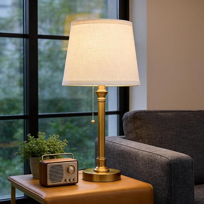 19.5" Small Table Lamp for Bedroom, Modern Brass Gold Lamp, USB A+C | Pull Chain Switch Bedside Table Lamps, White Shade, Small Nightstand Lamps for Living Room End Table & Desk Light - Image 2