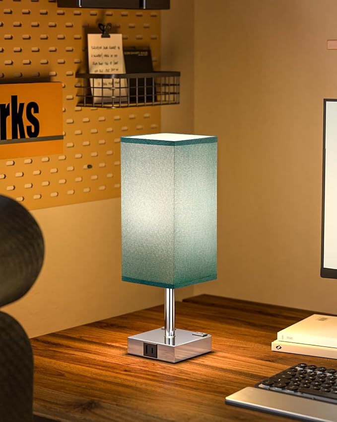 Turquoise Touch Table Lamp for Bedroom - Dimmable, USB C+A, 2 AC Outlets | 3-Way Dimming, 3000K Bulb Included, Square Teal Lampshade and Silver Base, Desk Lamp for Nightstand, Living Room, Green - Image 6