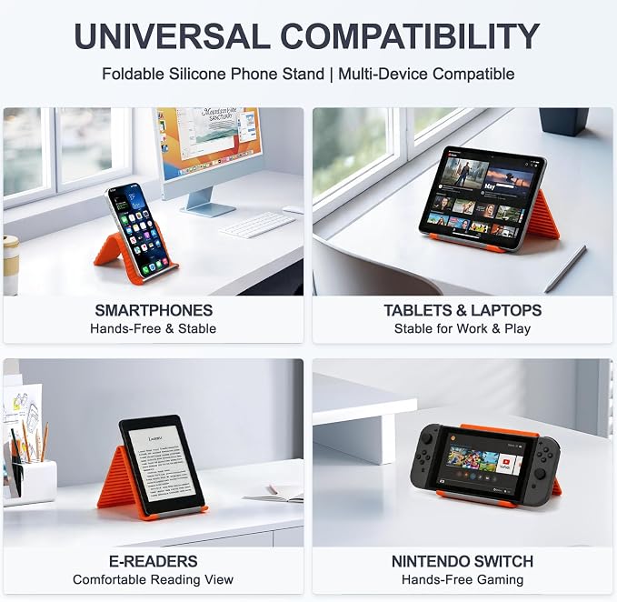 Foldable Silicone Aluminum Holder, Flexible Silicone Phone Stand with Anti-Slip Pad, Portable Rollable Multi-Angle Stand for Phone Tablet Laptop – Bendable & Foldable Home, Office, Travel (1, Orange) - Image 3