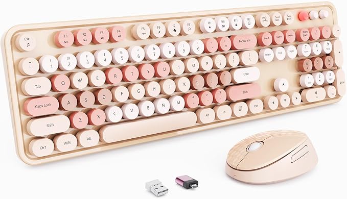 Wireless Keyboard and Mouse, Full-Size Typewriter Keyboard with Retro Round Keycaps, Ergonomic Design, Compatible with Windows PCs, Ideal for Home and Office. (Milk Tea) by Unknown