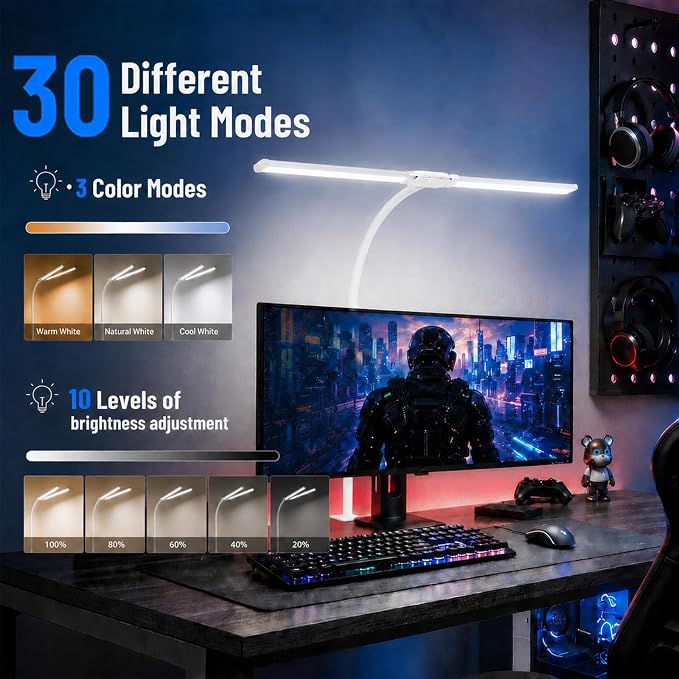 Desk Lamps for Home Office, Computer Light Bar, Double Head, White | Eye-Care Architect Light with Clamp, 3 Color Modes 10 Brightness, Adjustable for Reading, Study, Workbench - Image 2