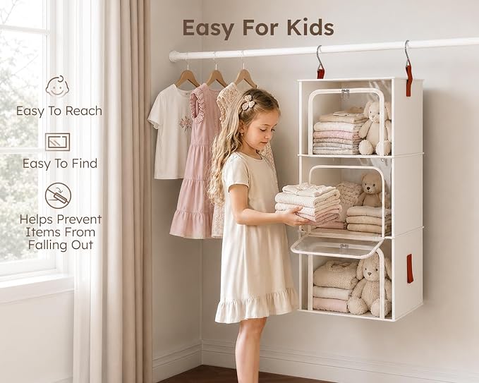 Homsorout 6-Tier Modular Hanging Closet Organizer Shelves, Beige | 3+3 Modular Design, Clear Window, Front Opening, Fabric Vertical Storage, Closet Storage for Home, Apartment, Nursery, RV - Image 7