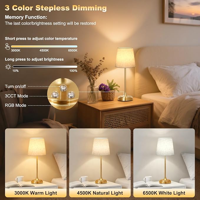 Wowag Cordless Table Lamp Rechargeable,5000mAh Battery Operated Desk Lamp,3 Colors & 7 RGB Stepless Dimmable,Touch Control Ambient Light for Bedside,Bedroom,Dining Room,Living Room,Gold,FlaxenShade - Image 2