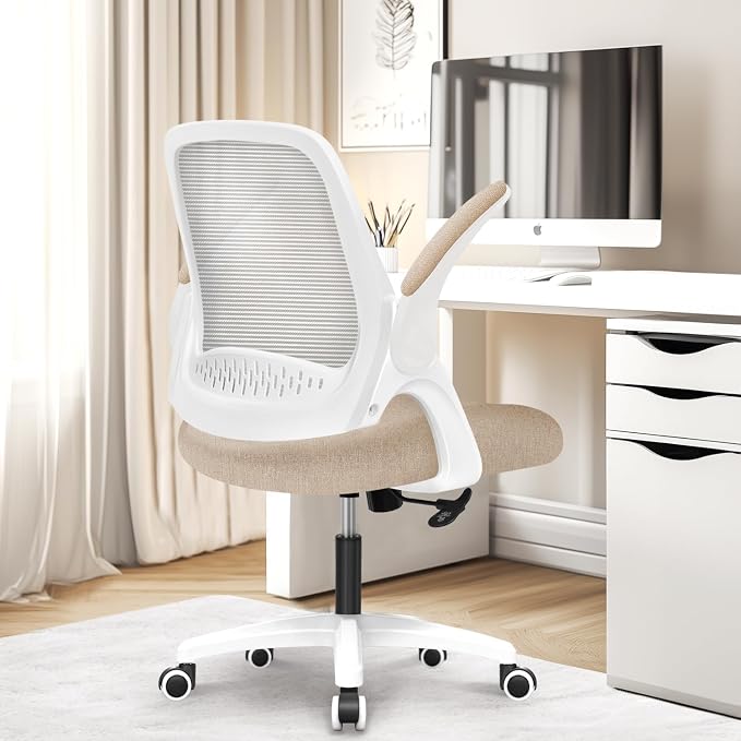 NEO CHAIR Office Desk Chair, Ergonomic Mesh with Flip-Up Armrests, Beige | Lumbar Support, Height Adjustment, 360° Swivel and Rolling Base, Space-Saving Design for Home Office, Vanity or Study - Image 7