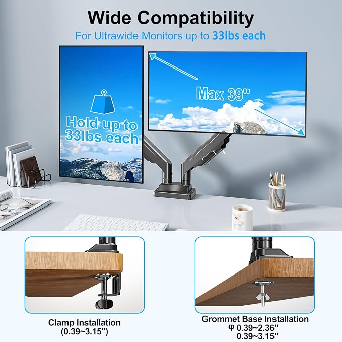 Dual Monitor Mount for Screens up to 43", Heavy Duty Monitor Arm | Ultrawide Desk Mount Holds 2.2-33lbs Each, Premium Gas Spring Adjustable Computer Monitor Arm for 2 Monitors, VESA Mount - Image 2
