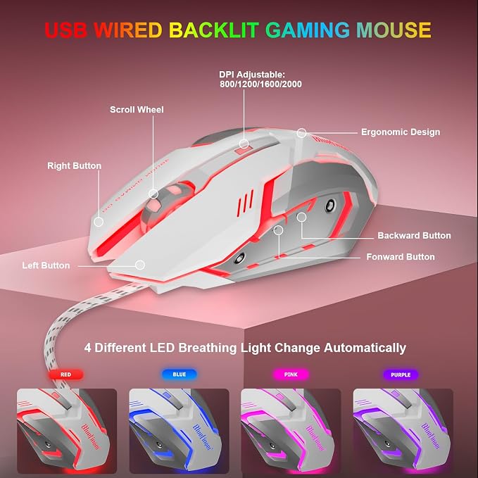 BlueFinger RGB Gaming Keyboard and Backlit Mouse Combo, USB Wired, LED Gaming Set for Laptop PC Computer Game and Work (White & Pink) - Image 5