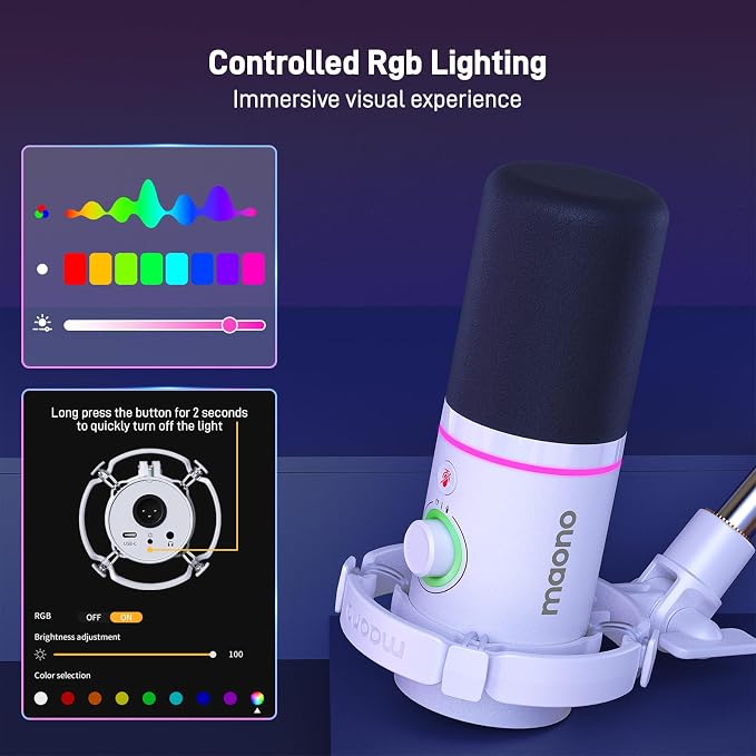 MAONO PD200XS XLR/USB Dynamic Microphone Kit, RGB Gaming Mic with Software | PC Mic with Mute, Gain Knob, Volume Control, Boom Arm for Streaming, Gaming, Podcasting, Voice-Over, Recording, White - Image 7