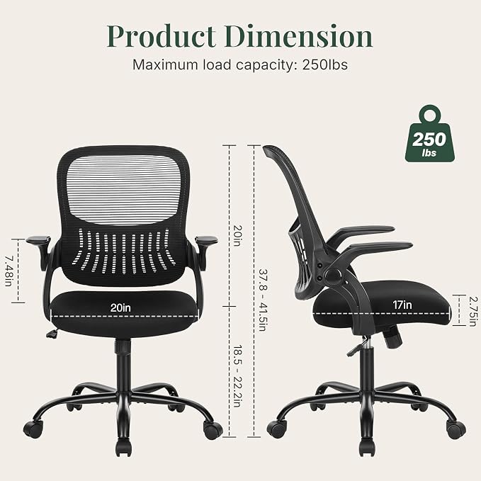 Home Office Desk Chair with Flip-up Armrest, Computer Chair | Lumbar Support, Height Adjustable, Mesh Mid-Back, Ergonomic Task Gaming Chair with 360° Swivel Wheels for Adults, Black - Image 2