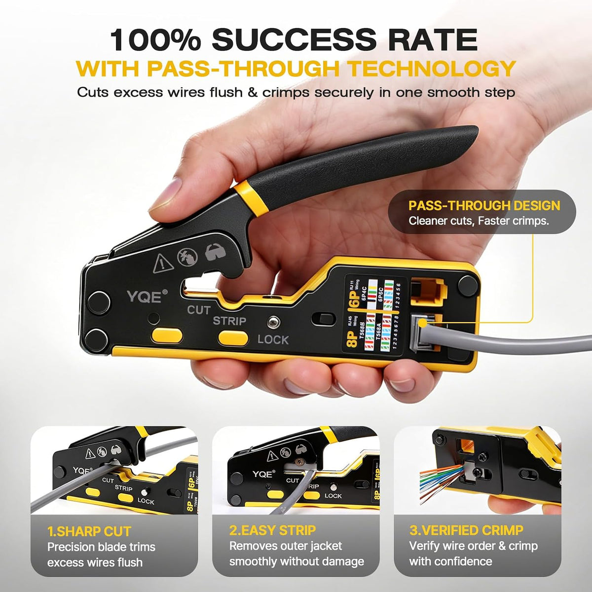 YQE RJ45 Crimp Tool Kit, Pass Through Ethernet Crimper, Crimping Tool, Network Tool Kit for Cat5, Cat5e, Cat6, RJ45, RJ11, RJ12 w/Carrying Case, Cable Tester, Stripper, Cutter, 50 Connectors & Boots - Image 4
