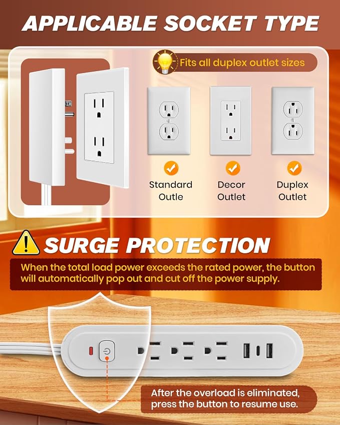 Saker 8ft Surge Protector, 3 Outlets, 3 USB, Flat Plug, White | 3 AC Outlets + 3 USB Ports, Built-In Surge Protection, 8ft Flat Extension Cord, Outlet Concealer for Home & Office - Image 5