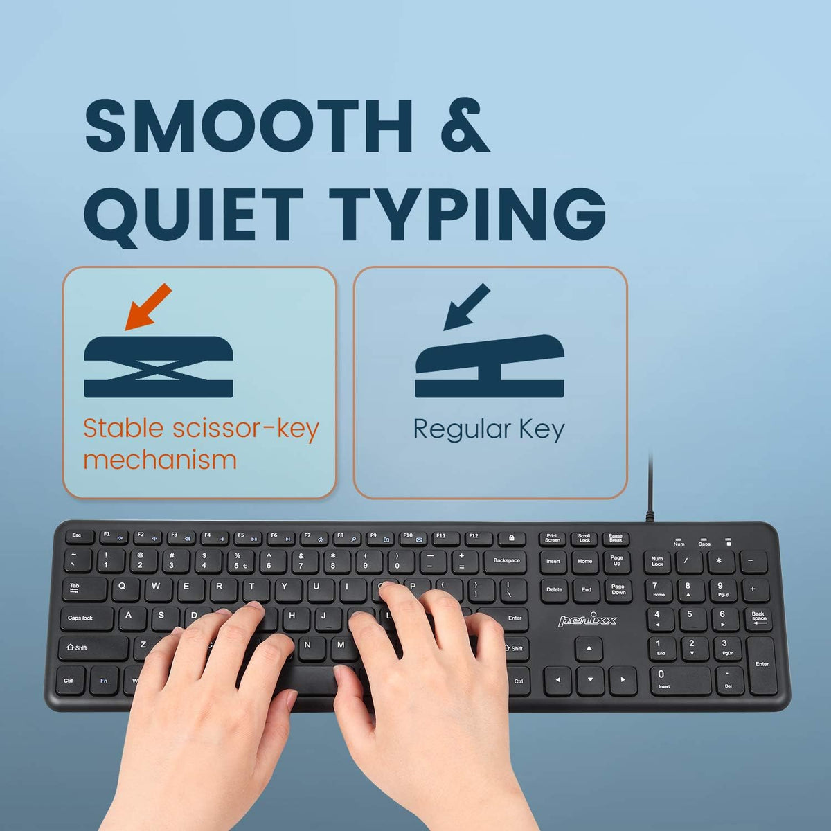 Perixx PERIBOARD-210C Wired Full-Size USB C Keyboard with Quiet Scissor Keys - Compatible with Windows, macOS, and Android Tablet and Laptops - Black - US English - Image 6