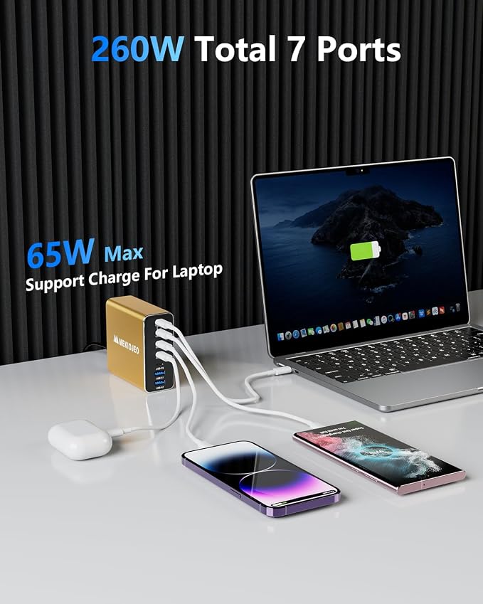 MEKIOJEO Aluminum Alloy 260W USB C Charger GaN Fast USB C Charging Station | 7 Ports 65W Laptop Charger for MacBook Pro/Air/iPad Pro/iPhone - Image 2