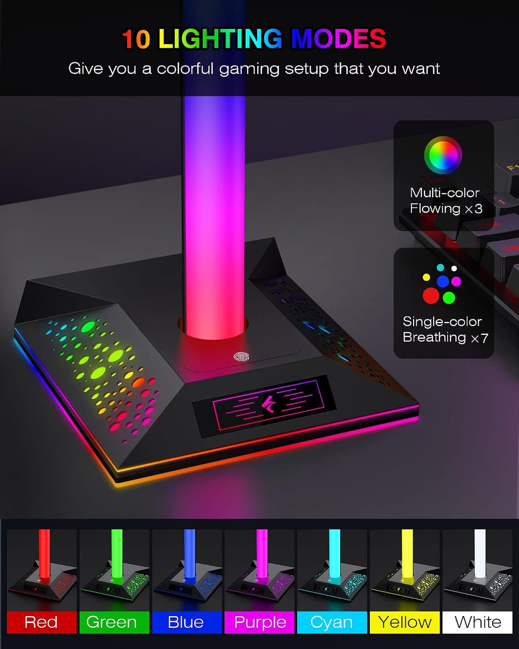 Hcman Headphone Stand Gaming Headset Holder RGB PC Gaming Accessories for Desk, Cool LED Headset Stand with 2 USB Charger for Gamer, Black - Image 2
