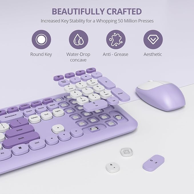 surmen Purple Keyboard and Mouse Wireless, Cute Wireless Typewriter, Full Size Slim Silent Round Keys Aesthetic Keyboard for Home and Office(Colorful Purple) - Image 3