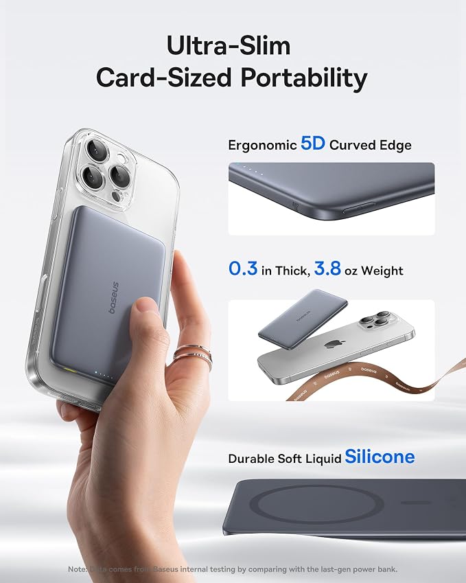 Baseus Picogo Power Bank, 0.3" Ultra Slim 5000mAh MagSafe Portable Charger, Card-Size Magnetic Battery Pack with USB-C Braided Cable, Alloy Wireless Charger for iPhone 17 Pro Max/17 Air/16/15/14/13/12 - Image 2