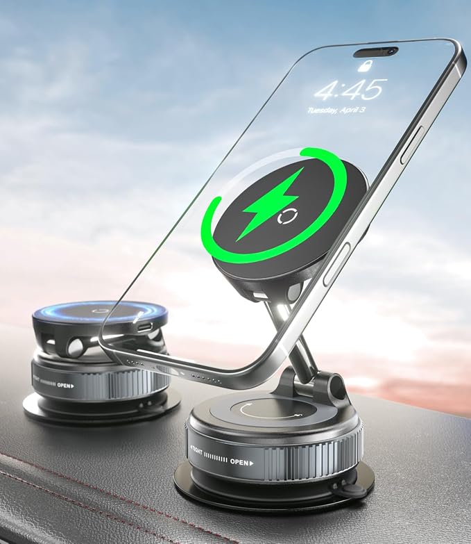CloudValley 15W Fast Wireless Charger Car Phone Mount, Vacuum Suction Cup Magnetic Phone Holder Design for MagSafe iPhone 17/16/15/14/13/12, 360° Adjustable & Foldable Stand for Dashboard/Windshield by CloudValley