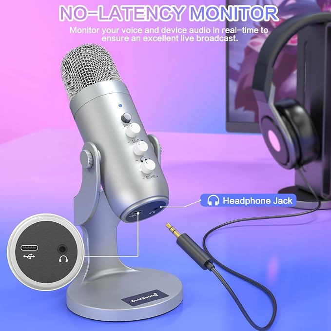 ZealSound Podcast Microphone for PC, Noise Cancellation USB Mic with Gain, Volume Adjustment & Mute Button, Monitoring & Echo, for YouTube, TikTok, Podcasting, Streaming, iPhone, iPad, Android(Silver) - Image 3