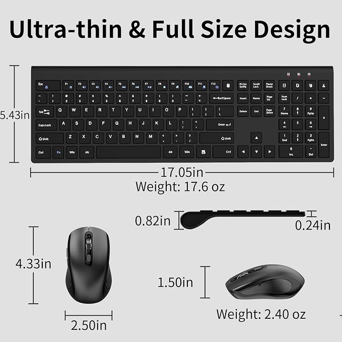 Wireless Keyboard and Mouse, Slim Full Size Keyboard with Calculator Button, Fn Lock, Silent Computer Mouse with Side Button, 2400 DPI, 2.4G USB Cordless Set for Laptop PC Windows Mac -Black - Image 5