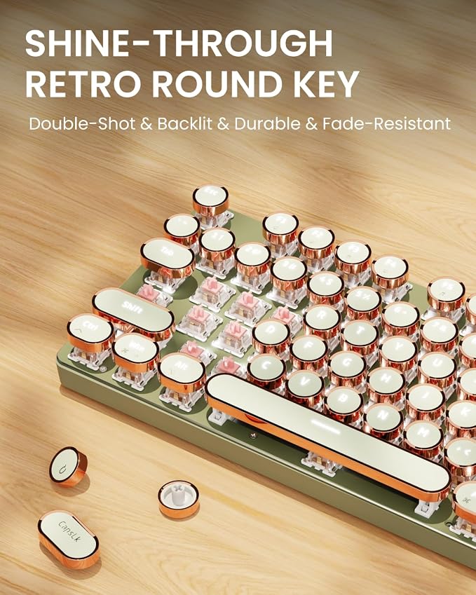 Wired Typewriter Mechanical Keyboard, Retro Punk Keyboard with Media Knob | White Backlit, Metal Panel, 104-Key Round Keycaps Low Noise Typewriter for Windows, PC, Laptop, Green, EWEADN V20 - Image 7