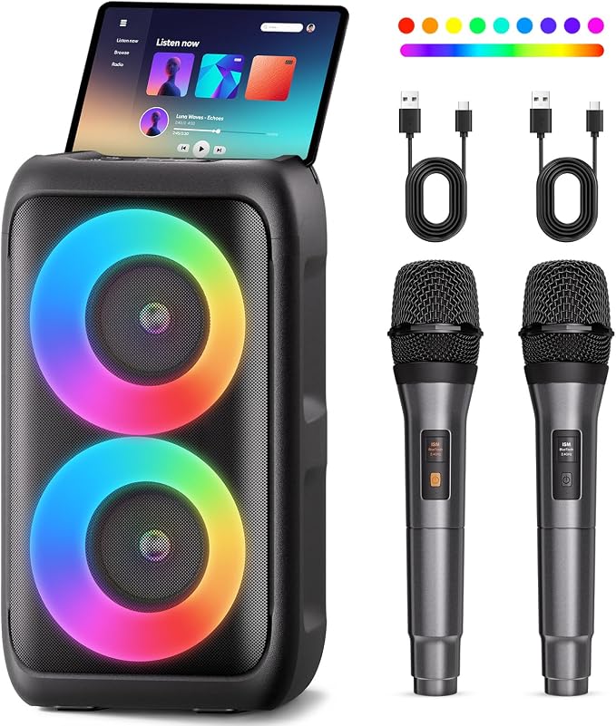 Bluetooth Speaker with 2 Wireless Microphones - Big Party Speaker for Adults Kids Karaoke with Lights - Portable Rechargeable Floorstanding Speakers Support TWS/AUX/USB/TF Card for Home Party Gift by PWBSLAI