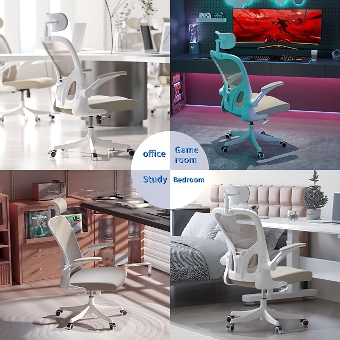 Monhey Office Chair Ergonomic Desk Chair with Lumbar Support&Headrest&Flip-up Arms Height Adjustable Rocking Swivel Computer Chair Multi-Angle from 90° to 125° with 350LBS Capacity (02White+Khaki) - Image 2